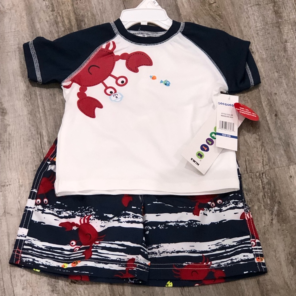 Whippet Navy, White & Red Crab Swim Trunks & Matching UPF 50 Shirt. Size 24M NWT